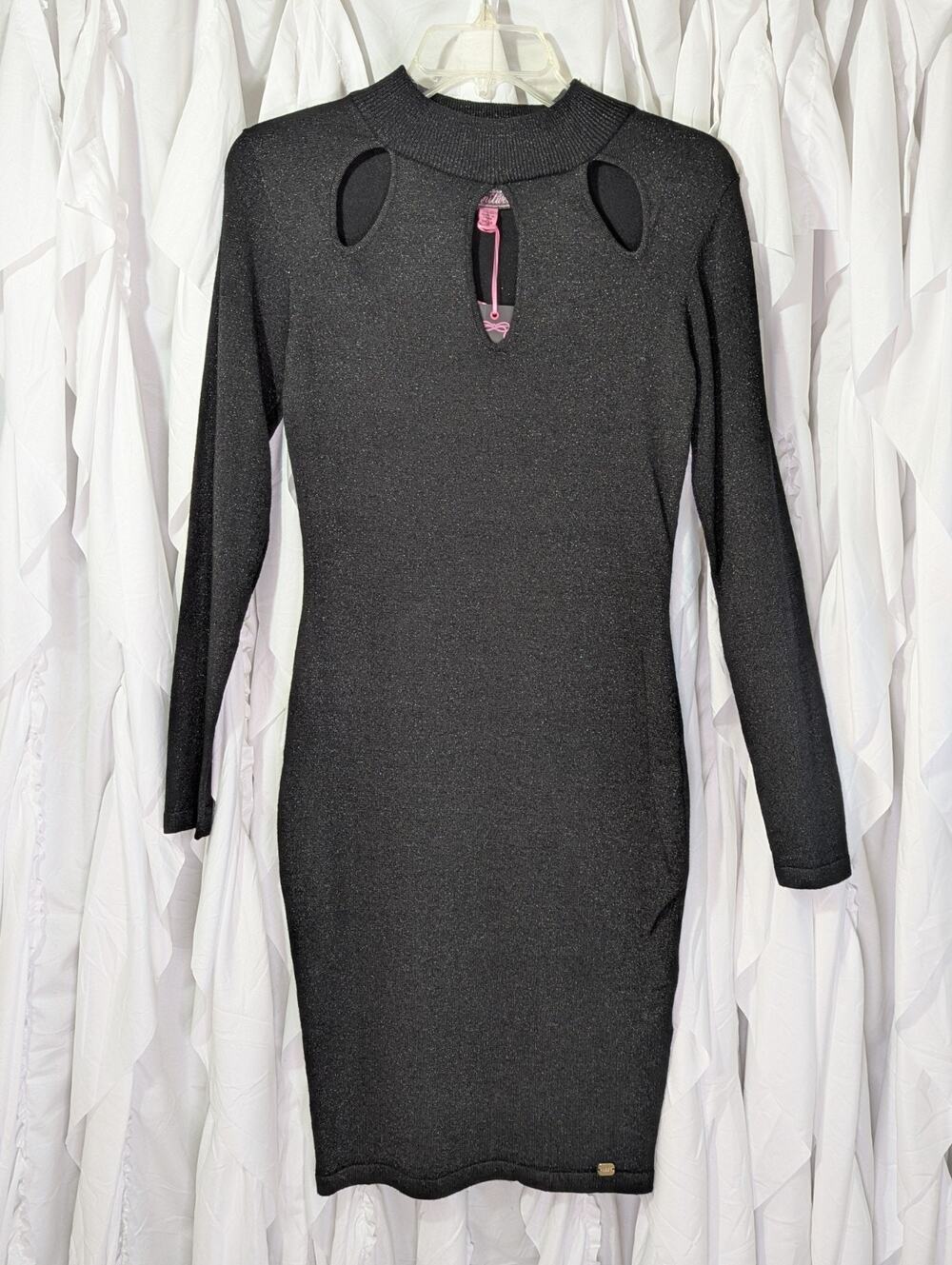 Lipsy London Metallic Keyhole Mock Neck Bodycon Dress Womens Size 6 Black Knit